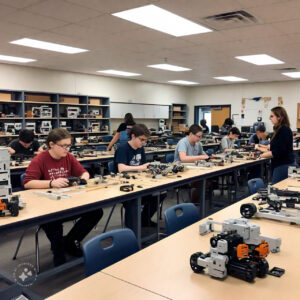 Robotic lab setup in a classroom with students engaging in hands-on STEM activities