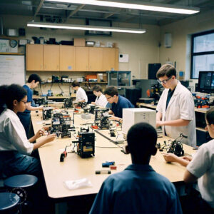 Interactive robotic lab setup for students in a school environment, fostering hands-on learning and creativity