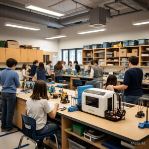 A fully equipped STEM lab with students working on hands-on projects.