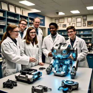 A well-equipped STEM lab with students engaging in hands-on science and technology activities.