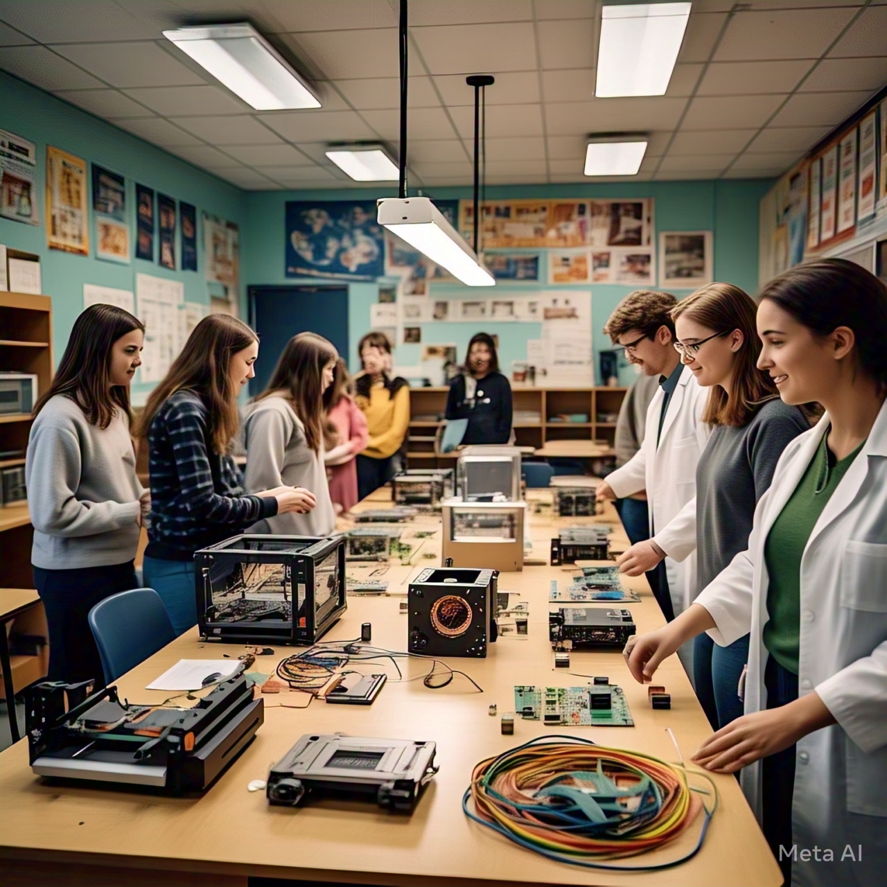 A group of students collaborating in a STEM lab, learning robotics and coding.