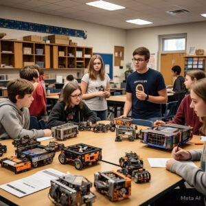 A fully equipped STEM lab with students engaged in hands-on science, technology, engineering, and math activities.