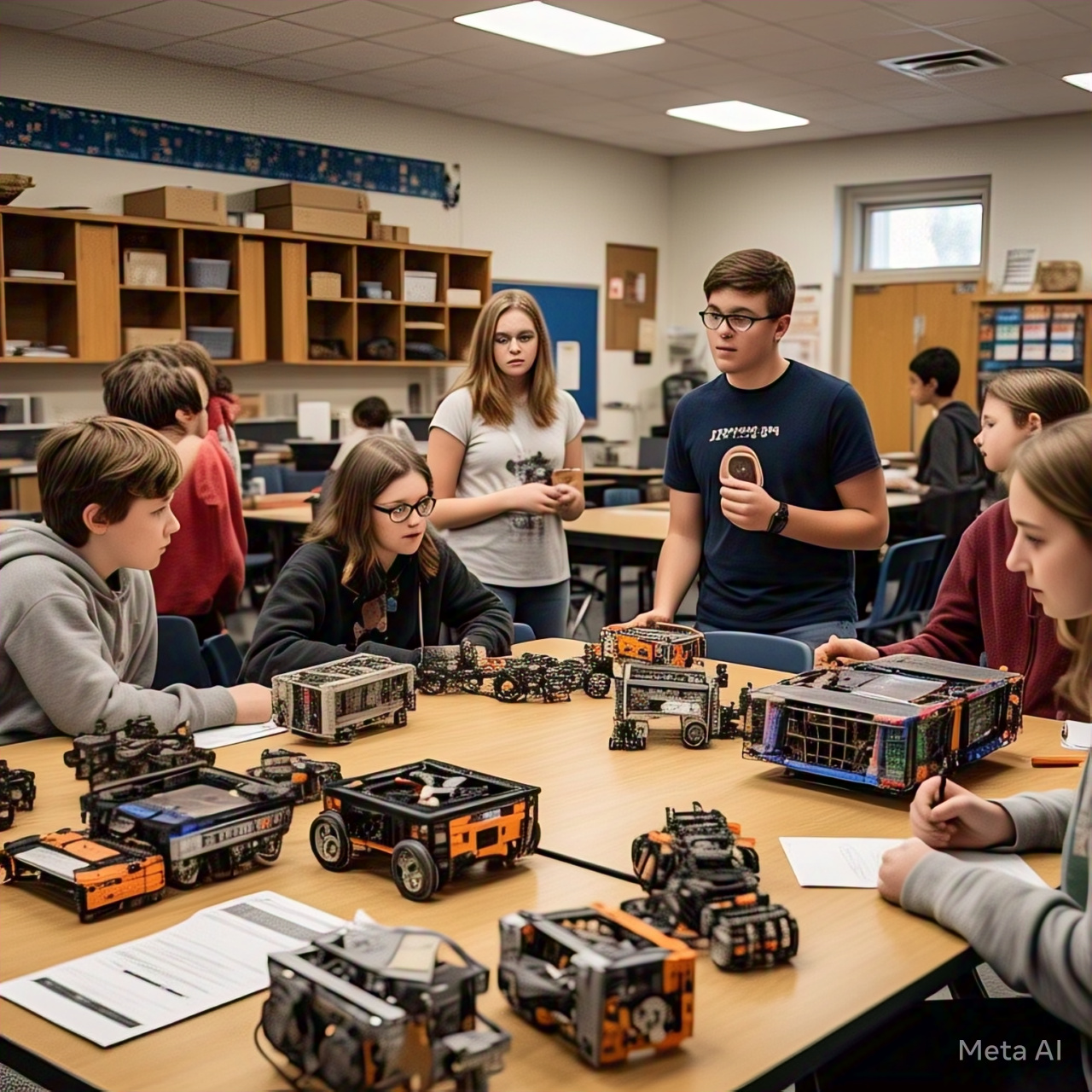 A fully equipped STEM lab with students engaged in hands-on science, technology, engineering, and math activities.