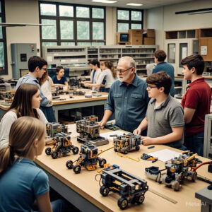 A modern STEM lab equipped with robotics kits, 3D printers, and coding workstations for interactive student learning.