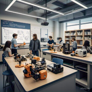 A modern STEM lab with students engaged in robotics and science experiments