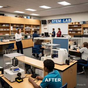 A high-tech STEM lab with students engaged in robotics and engineering activities