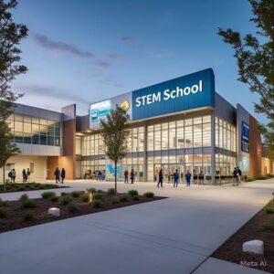 A modern STEM lab equipped with robotics kits, 3D printers, and interactive learning stations for hands-on science, technology, engineering, and math education.