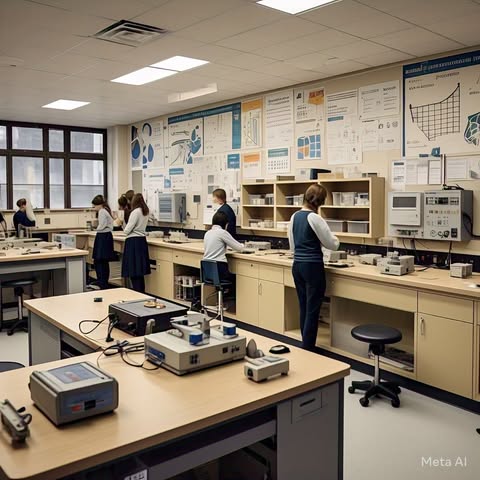 A modern STEM lab with students conducting science experiments and working on robotics projects.