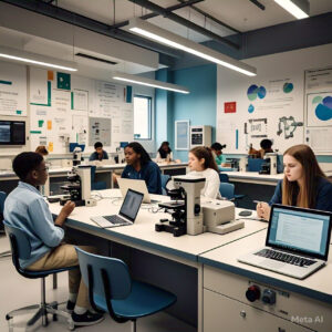 A well-equipped STEM lab with students engaged in hands-on experiments