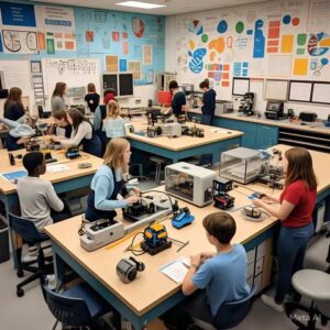 A vibrant STEM classroom with students engaging in hands-on science, technology, engineering, and math activities using robotics kits, tablets, and experiment stations.