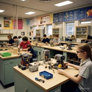 A modern STEM classroom with students engaging in hands-on science, technology, engineering, and math activities.