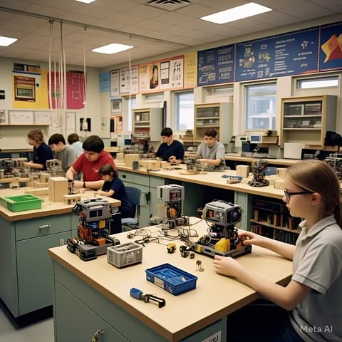 A modern STEM classroom with students engaging in hands-on science, technology, engineering, and math activities.