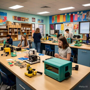 Students participating in a hands-on STEM program with robotics and coding