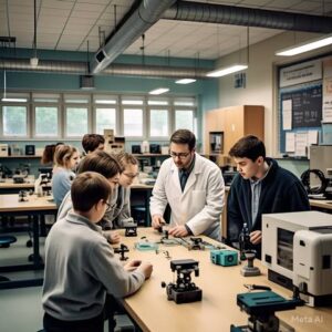 Modern STEM Lab setup with advanced science, technology, engineering, and math equipment for students.