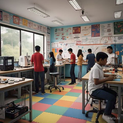 A modern STEM lab in Aizawl with students engaged in hands-on experiments and robotics activities.