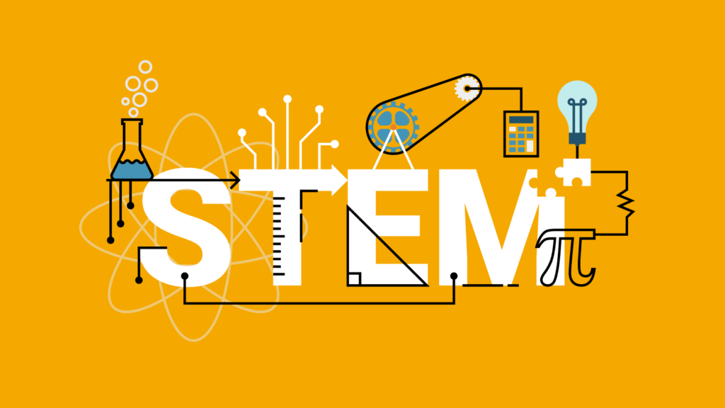 Illustration representing STEM education with science, technology, engineering, and math symbols on an orange background.