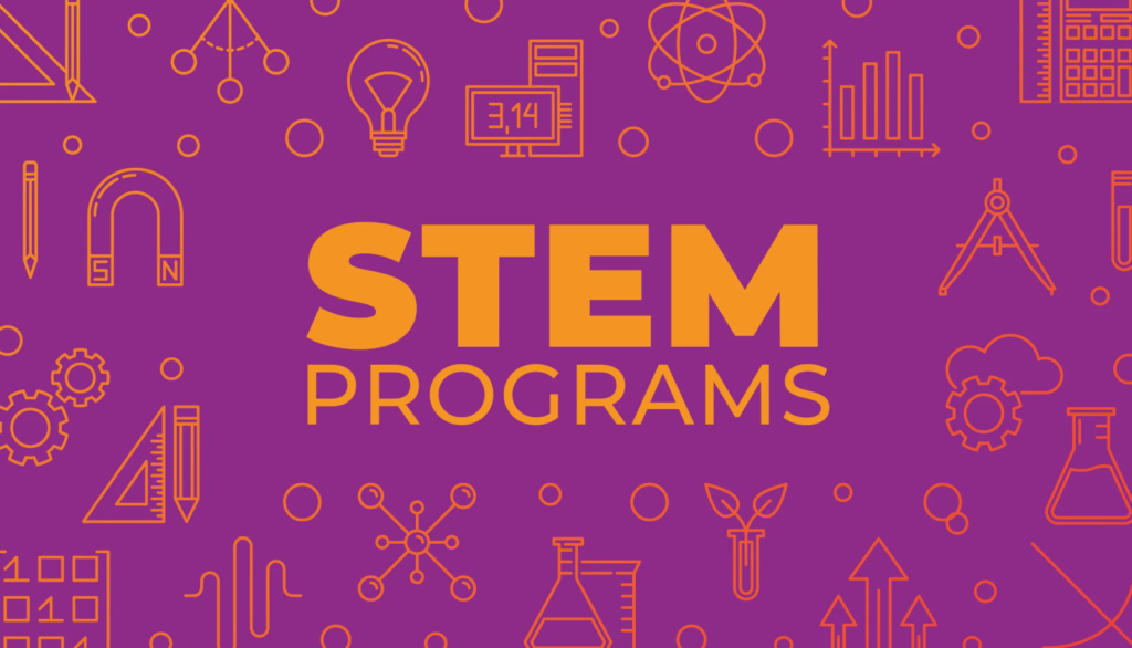STEM Programs text with scientific icons on a purple background