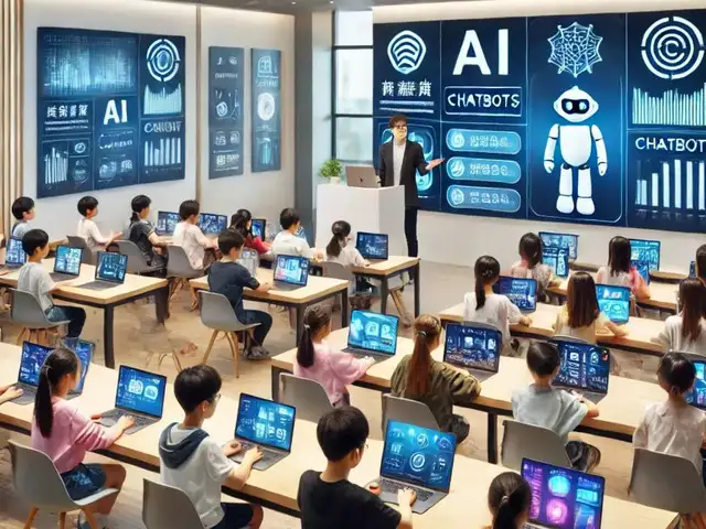 a group of children in a classroom with laptops