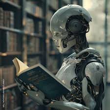 a robot reading a book in a library