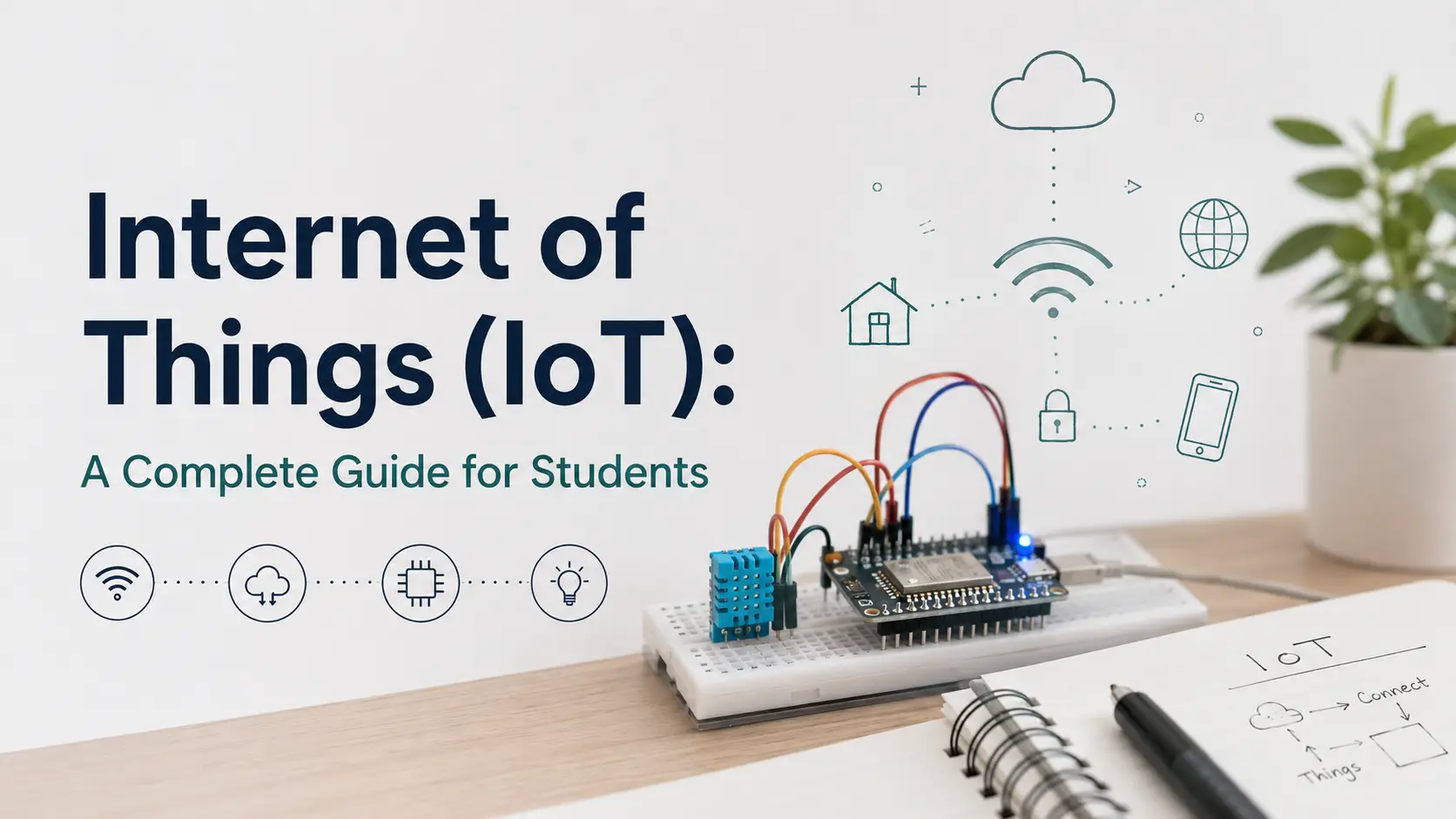 Internet of Things (IoT) setup with ESP32 microcontroller, sensor, and connected devices