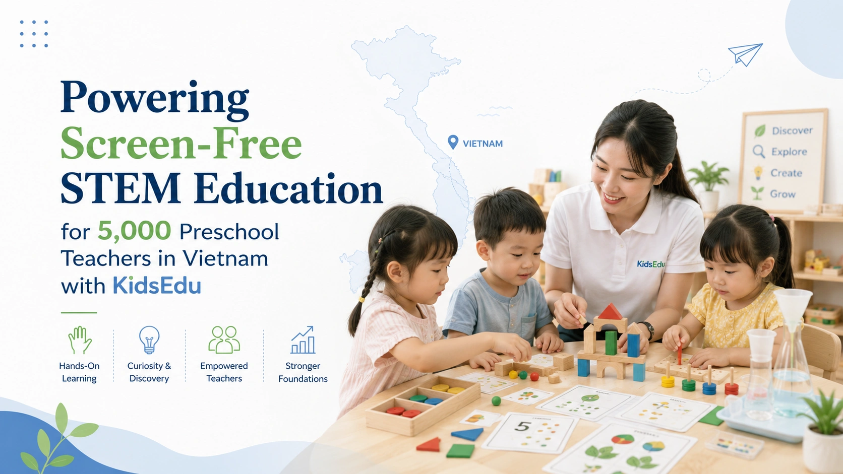 Screen-free STEM education banner showing a preschool teacher guiding young children through hands-on learning activities with blocks, counting cards, and STEM materials.