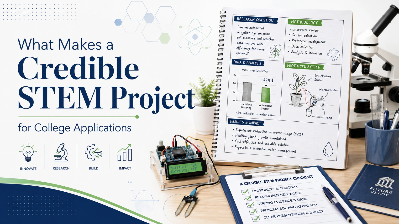 Credible STEM Project for College Applications with research notes, prototype model, data analysis, checklist, and lab tools.