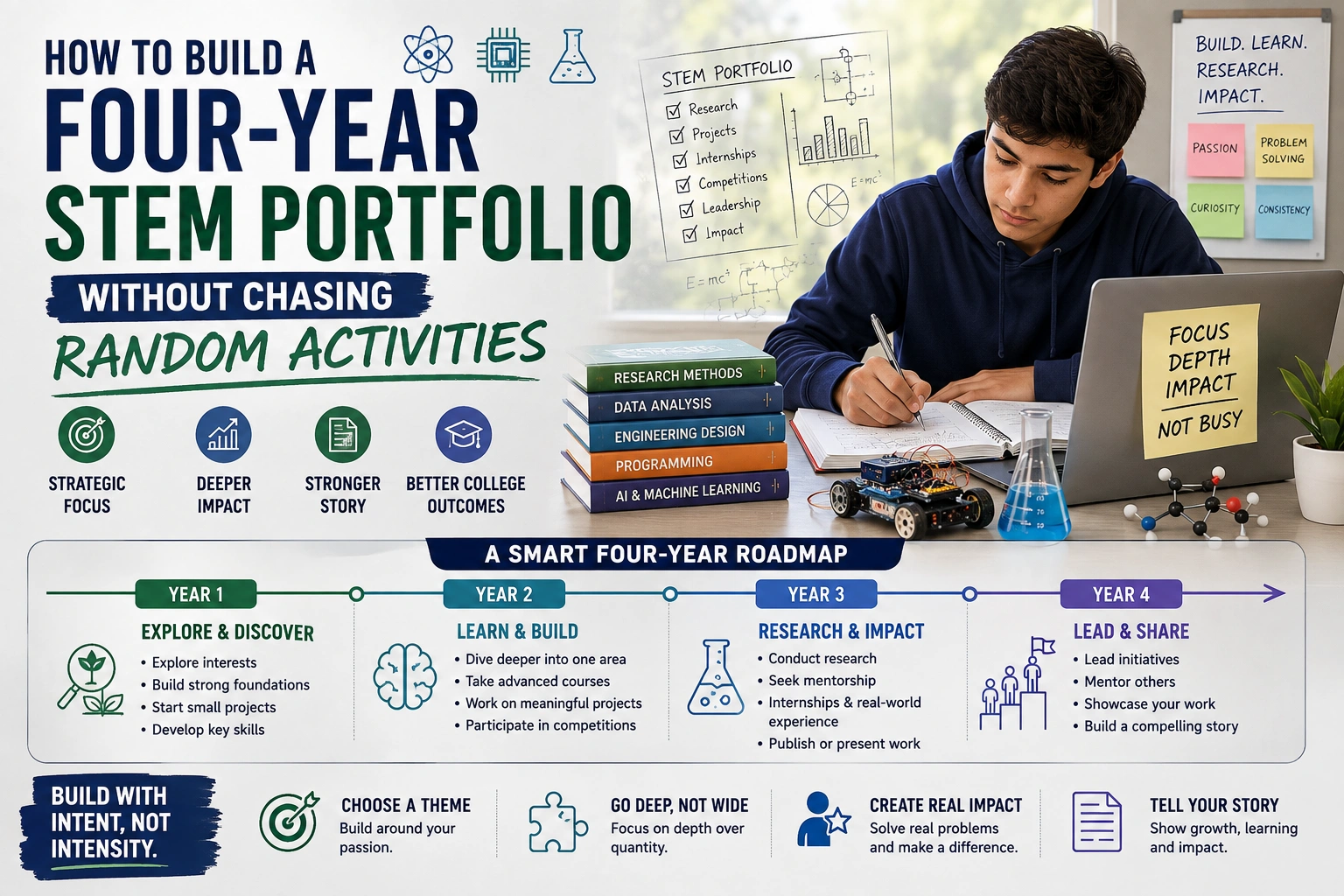 Four-year STEM portfolio plan showing a student roadmap with research, projects, internships, leadership, STEM skills, and college preparation.