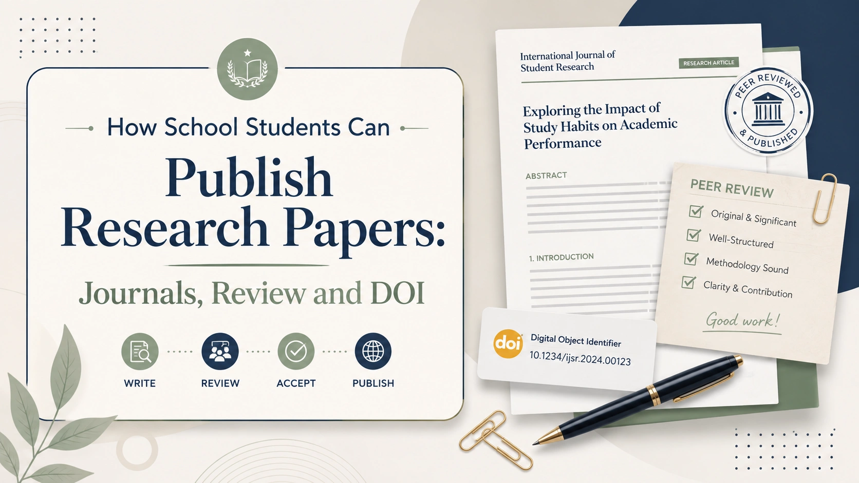 Publish research paper as a school student banner with journal article, peer review checklist, DOI card, and academic publishing elements.