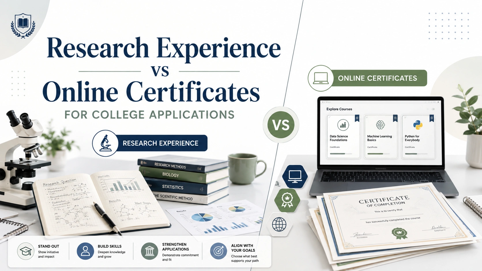 Research experience vs online certificates in college applications with research notes, microscope, laptop courses, and certificate documents.