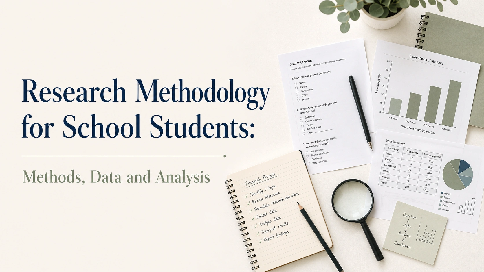 Research methodology for school students with survey forms, data charts, research notes, and analysis tools.