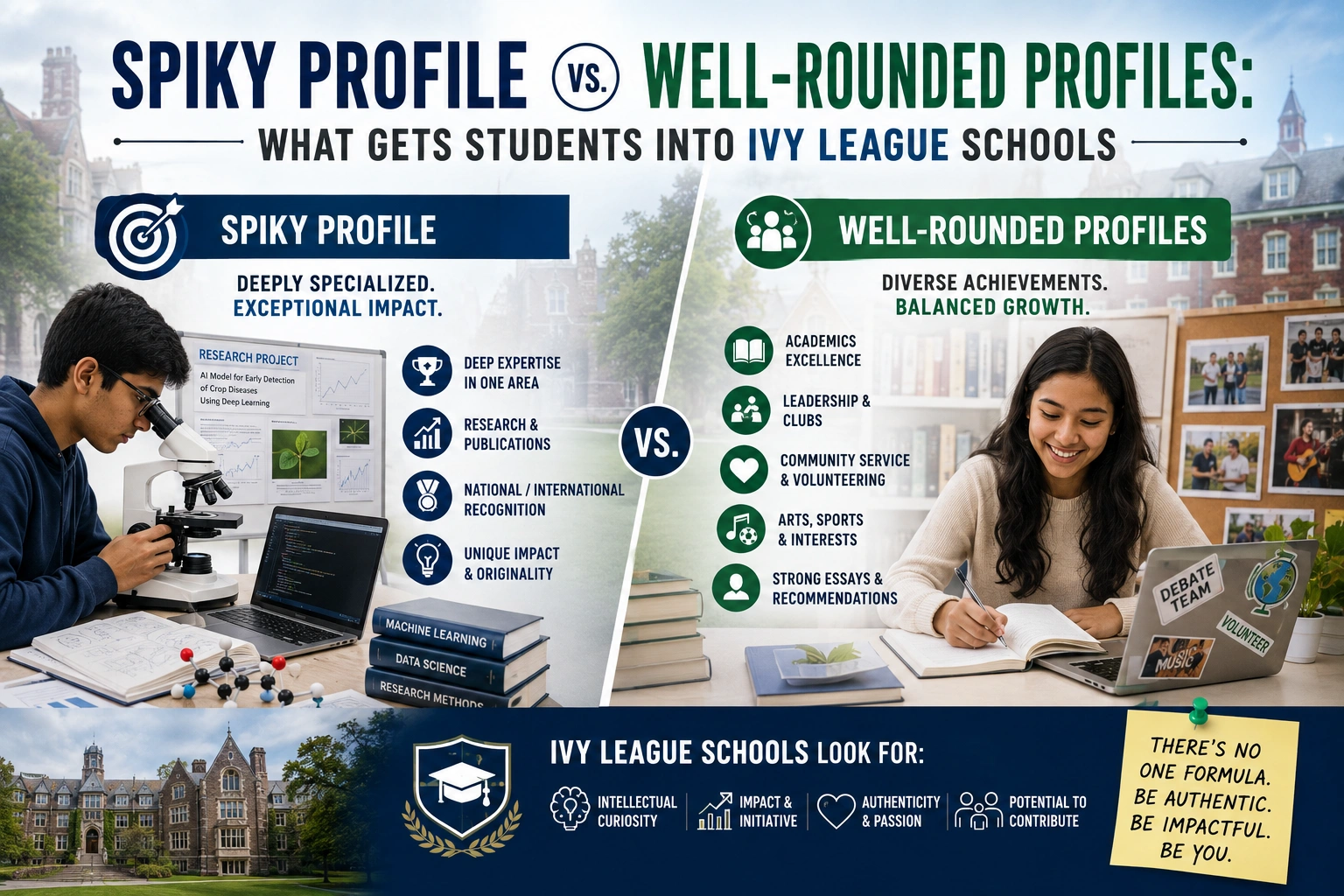 Spiky profile for college applications compared with a well-rounded student profile, highlighting research, leadership, academics, and extracurricular activities.