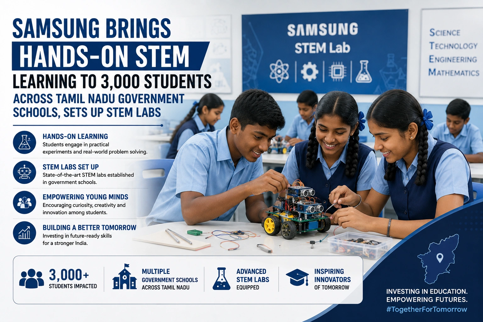 STEM education India banner showing school students in a STEM lab learning through hands-on robotics and science activities.