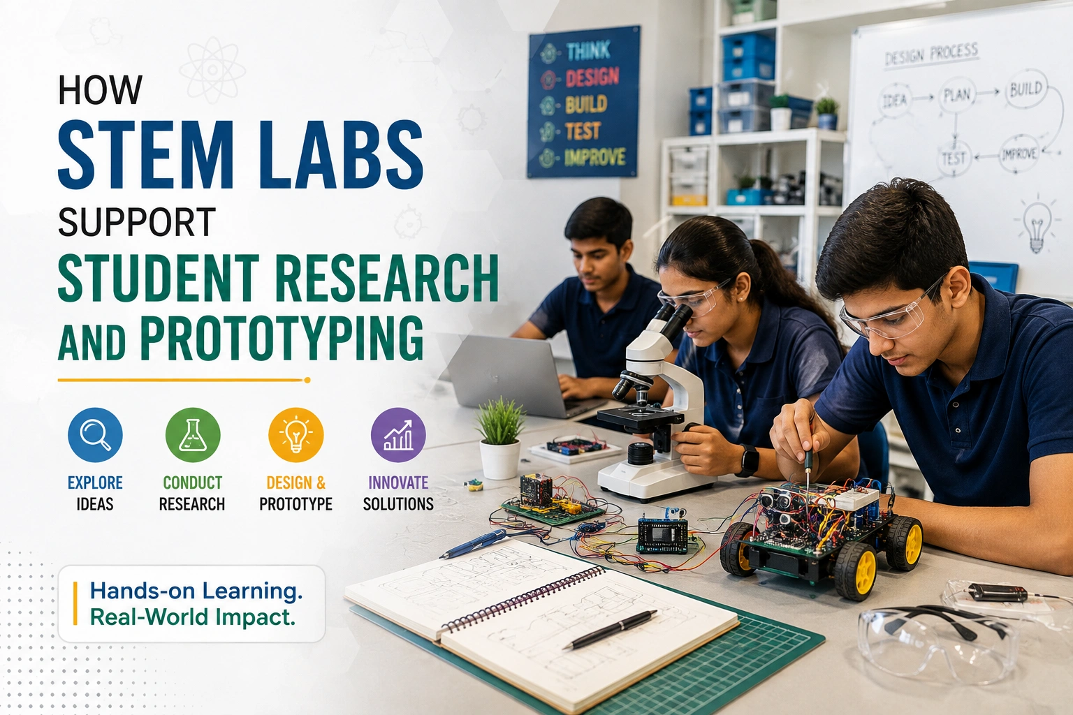 STEM labs for student research with students using a microscope, electronics, robotics, and prototyping tools.