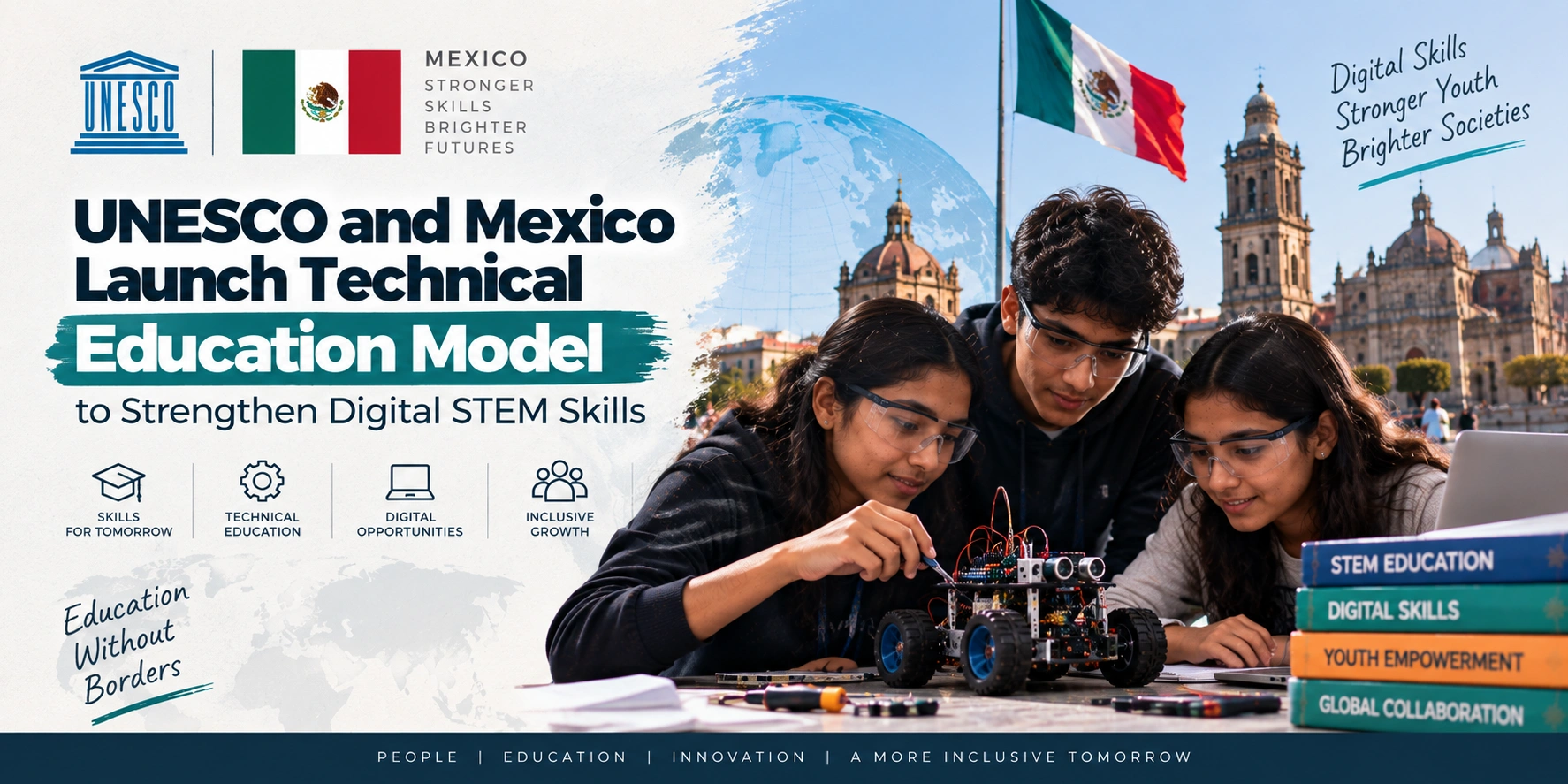 Digital STEM education showing students in Mexico developing robotics and technology skills through hands-on technical learning.