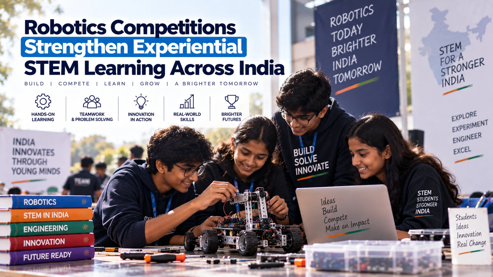 Experiential STEM learning showing Indian students building a robot during a robotics competition through hands-on engineering and teamwork.