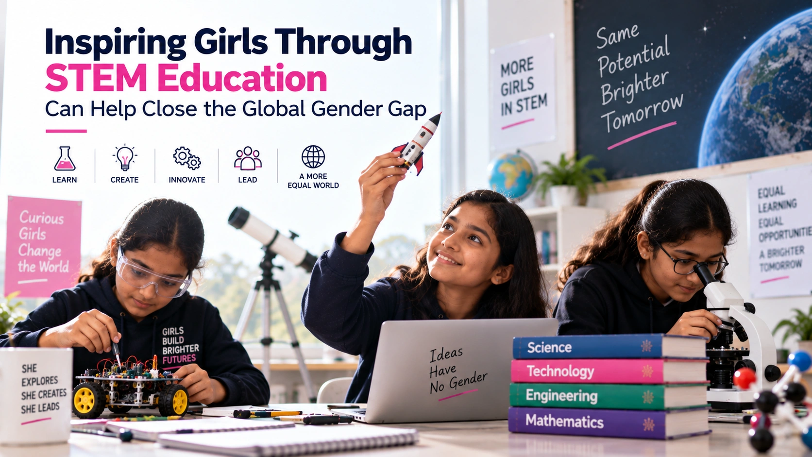 Girls in STEM education exploring robotics, space science, and hands-on experiments through technology and practical STEM learning.