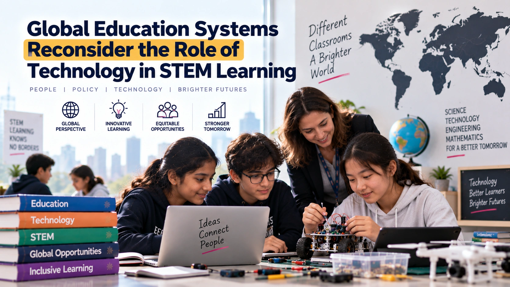 Global STEM education showing students using technology, robotics, and collaborative hands-on learning in a modern classroom.