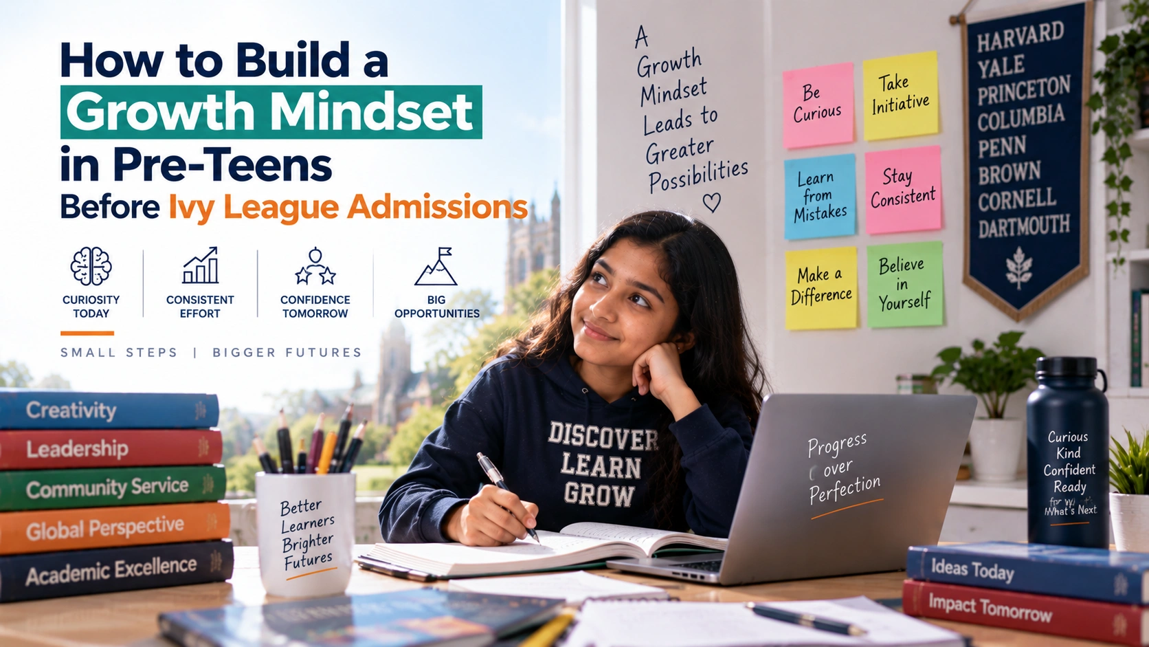 Growth mindset in pre-teens banner showing a student studying at a desk with notes, books, and motivational reminders about learning and confidence.