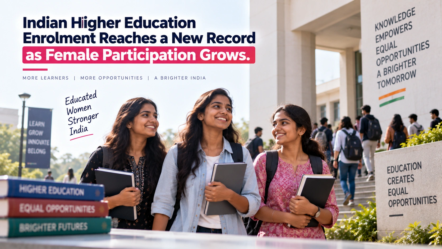 Indian higher education showing female students on a university campus as enrolment and women’s participation in higher education grow.