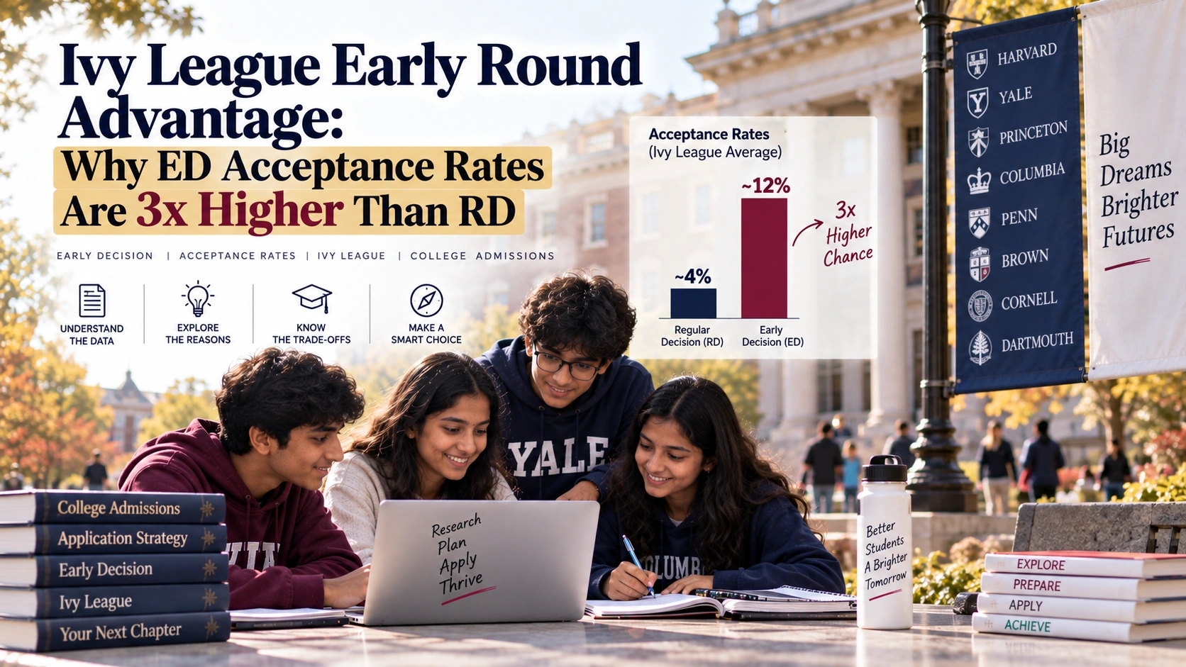 Ivy League early decision acceptance rate comparison showing ED and regular decision admission rates for students planning college applications.