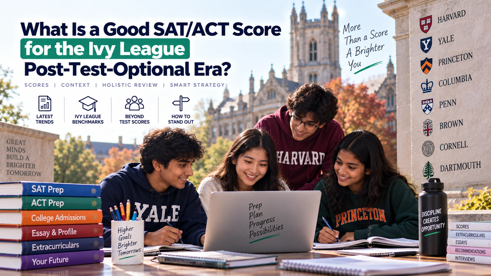 Middle 50 SAT score Ivy League guide showing students preparing for SAT and ACT scores as part of the college admissions process.