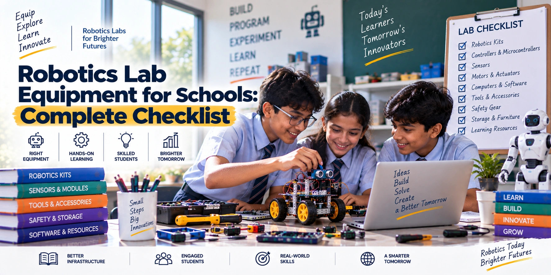 Robotics lab equipment for schools showing students using robotics kits, sensors, controllers, tools, and computers for hands-on learning.