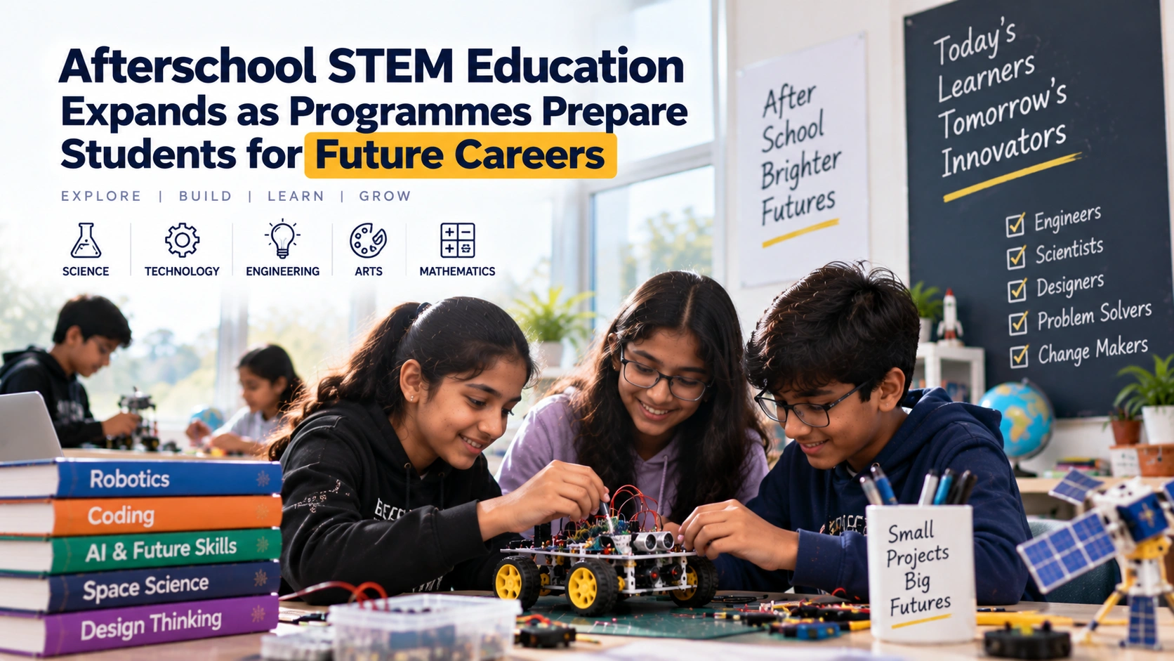 Afterschool STEM education showing students building a robotics project and developing hands-on science, technology, engineering, and future career skills.