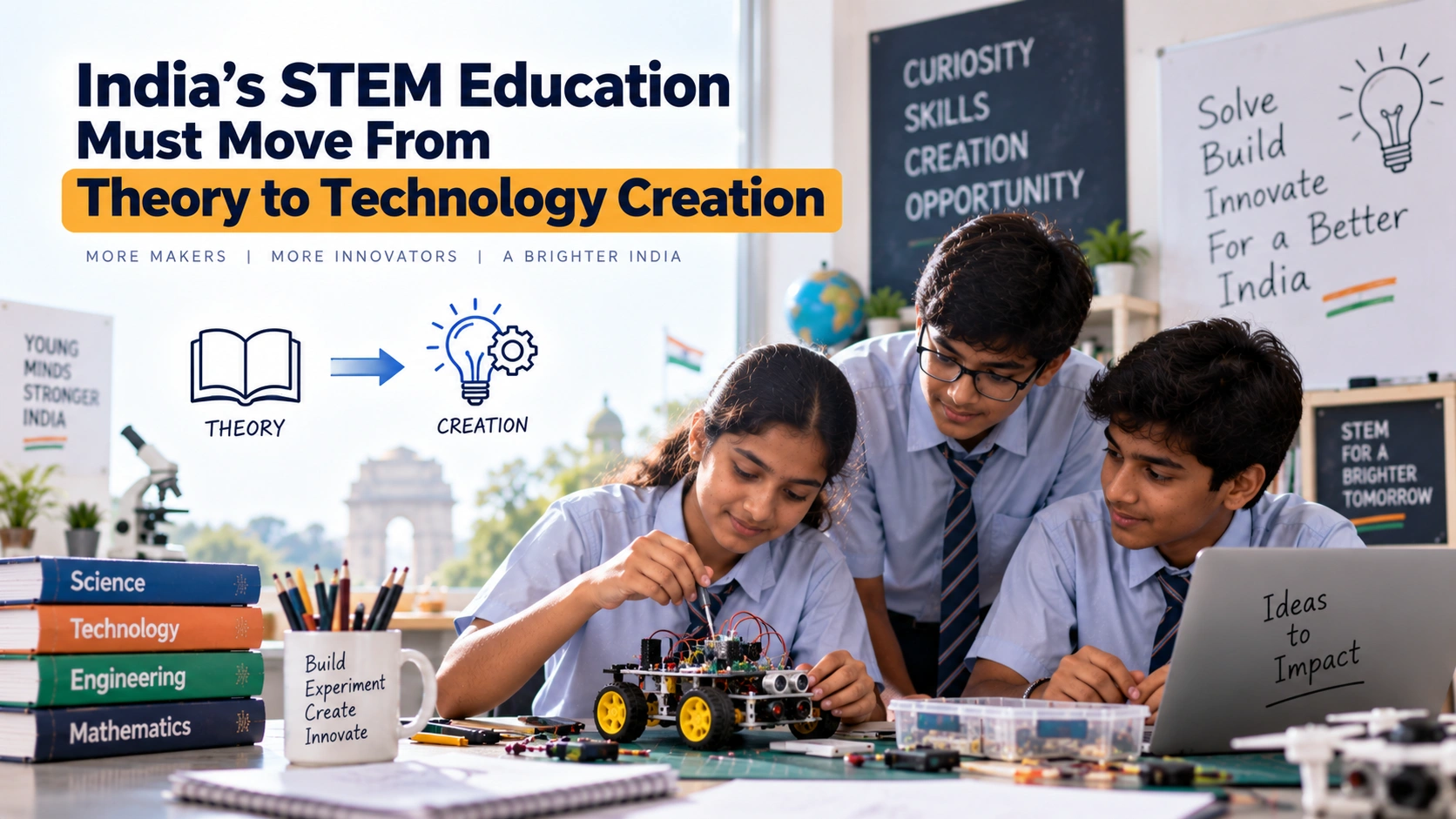 STEM education in India showing school students moving from theory to hands-on technology creation through robotics, engineering, and practical STEM learning.
