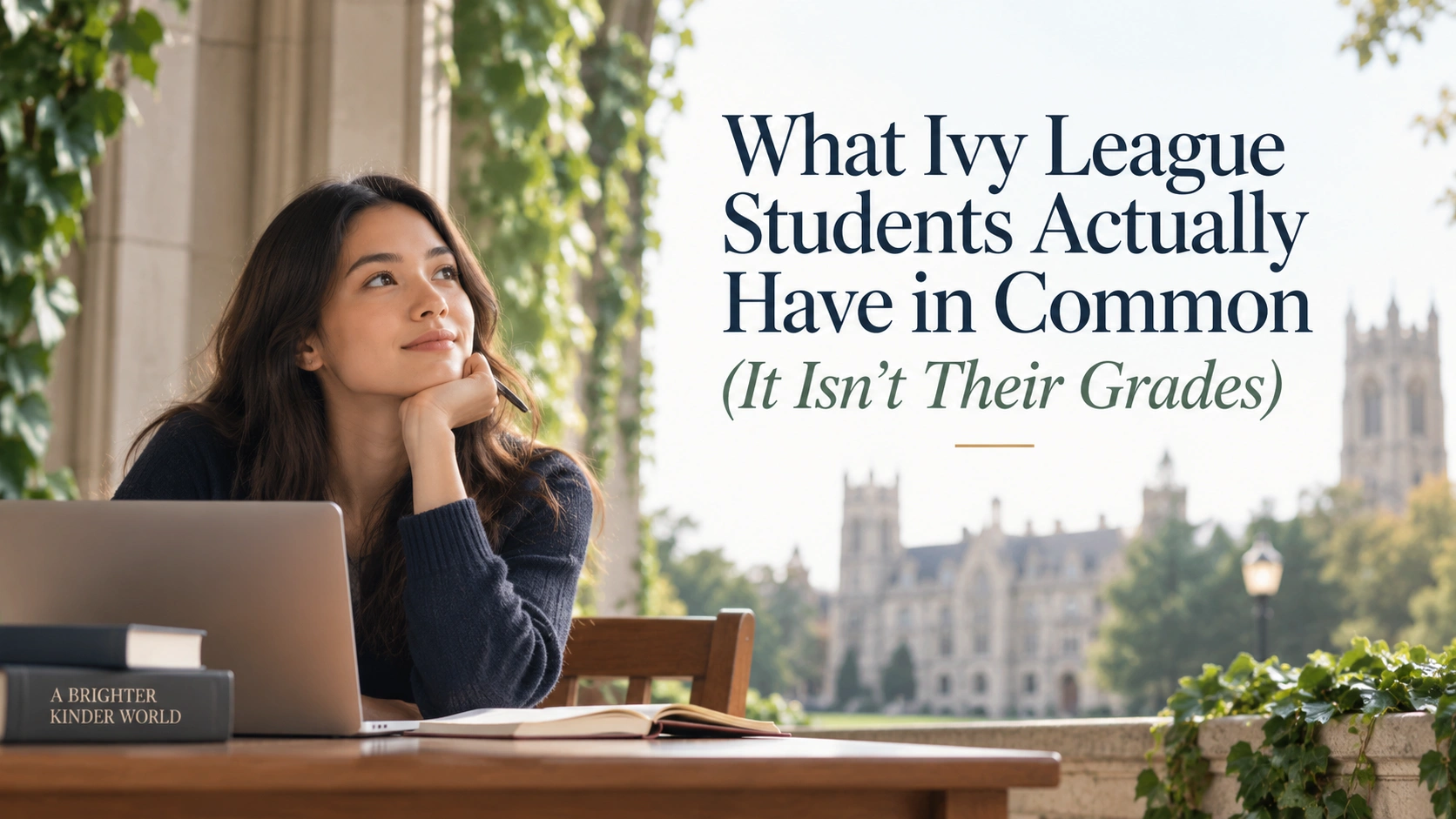 Ivy League students banner showing a student studying on campus with a laptop, books, and a thoughtful academic setting.