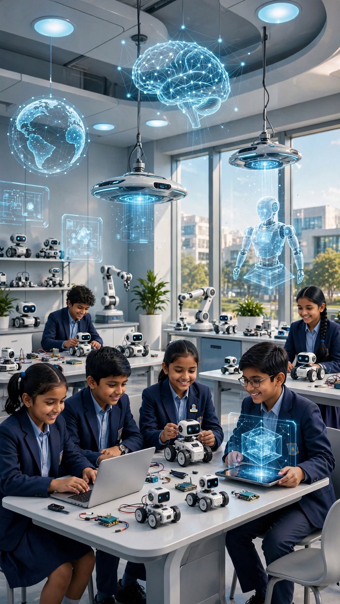 Students exploring AI and robotics projects in an AI lab for schools
